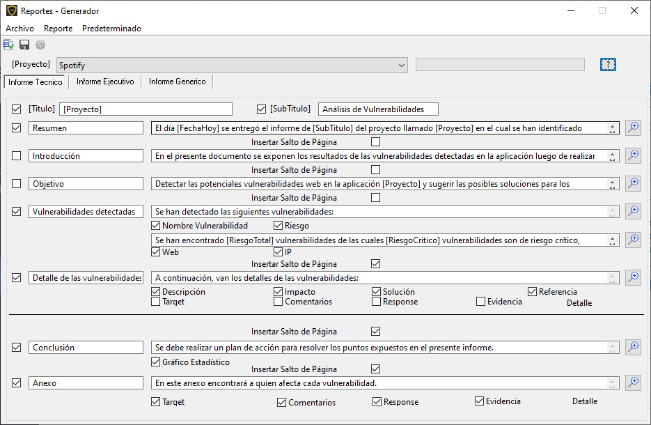 SVM report configuration screen